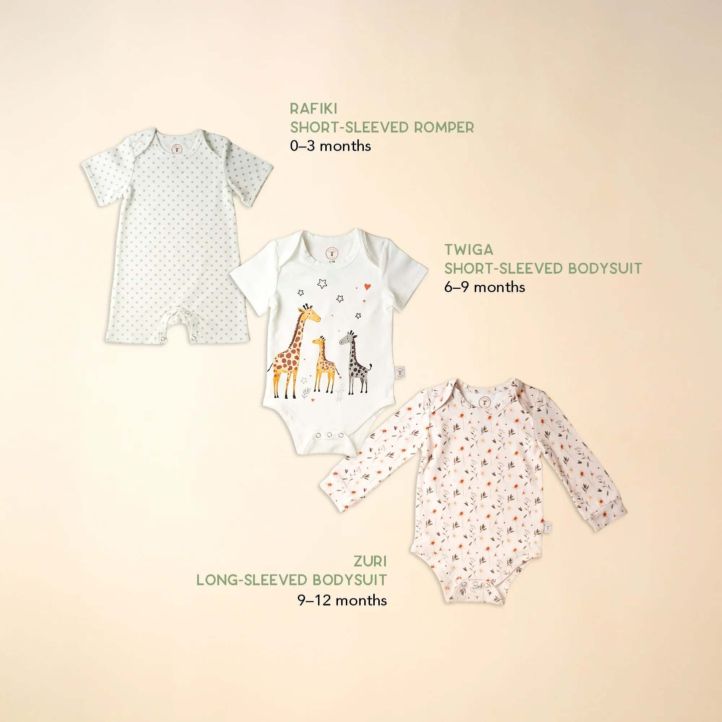 Three Kendikids baby outfits on beige background: Rafiki romper for 0-3 months, Twiga giraffe bodysuit for 6-9 months, Zuri long-sleeve bodysuit for 9-12 months.