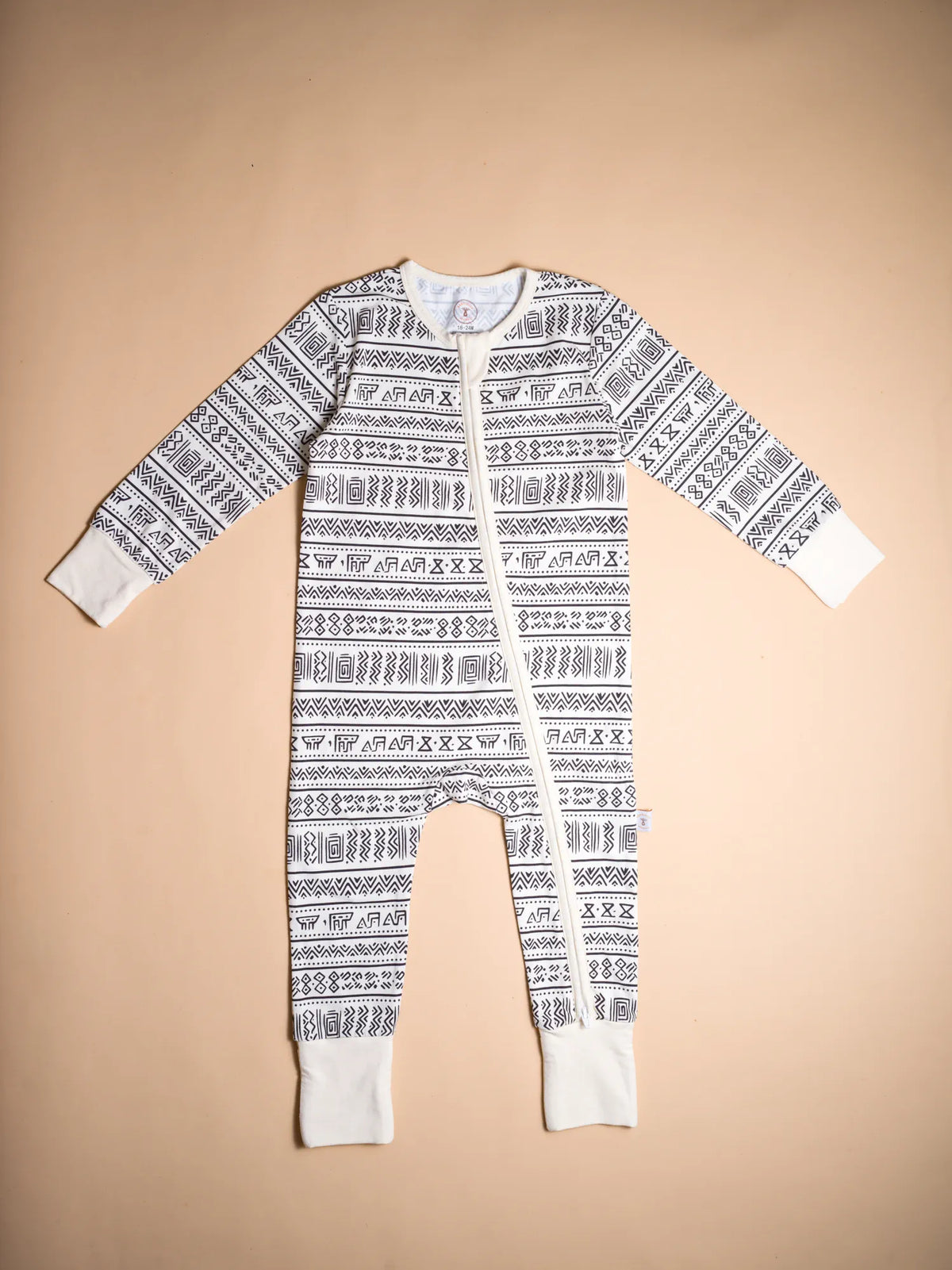 KendiKids Asili Zipper Romper — mud cloth print in black on cream