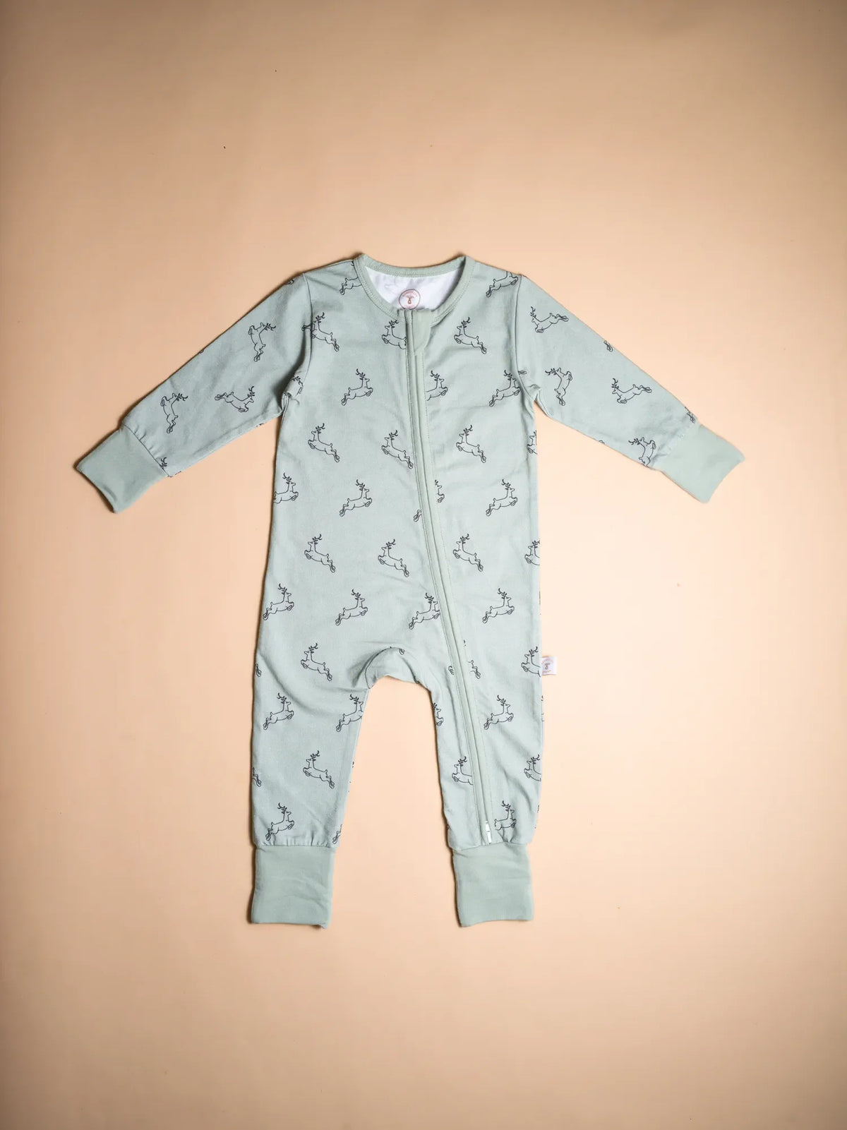 KendiKids Uhuru Sage Zipper Romper — running gazelle print in soft sage