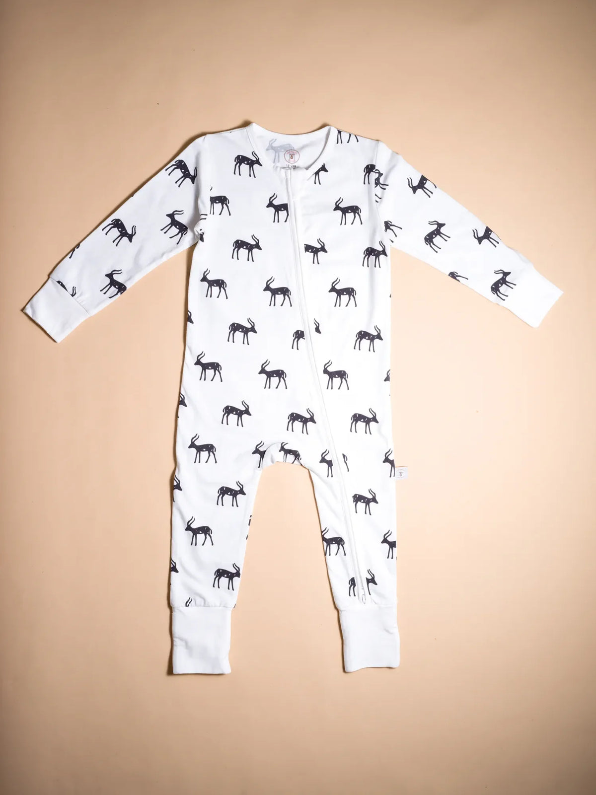 KendiKids Imani Zipper Romper — kudu print in navy on white